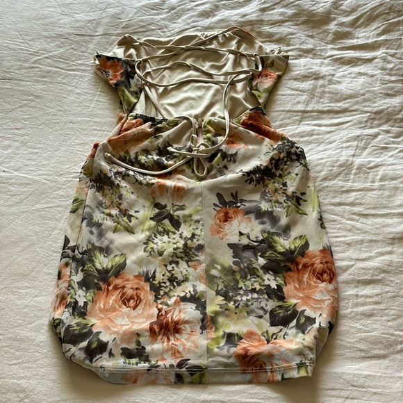 Floral Mesh Peach Mini Dress with Low Back Criss Cross Straps - Picture 2 of 4